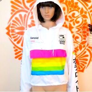 Cropped rainbow Polaroid windbreaker.